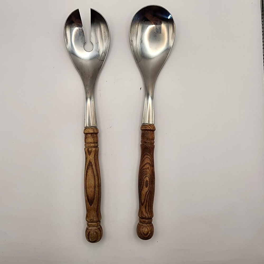 Vintage Old Homestead Stainless Steel Wood Handle Serving Salad Utensils (2)